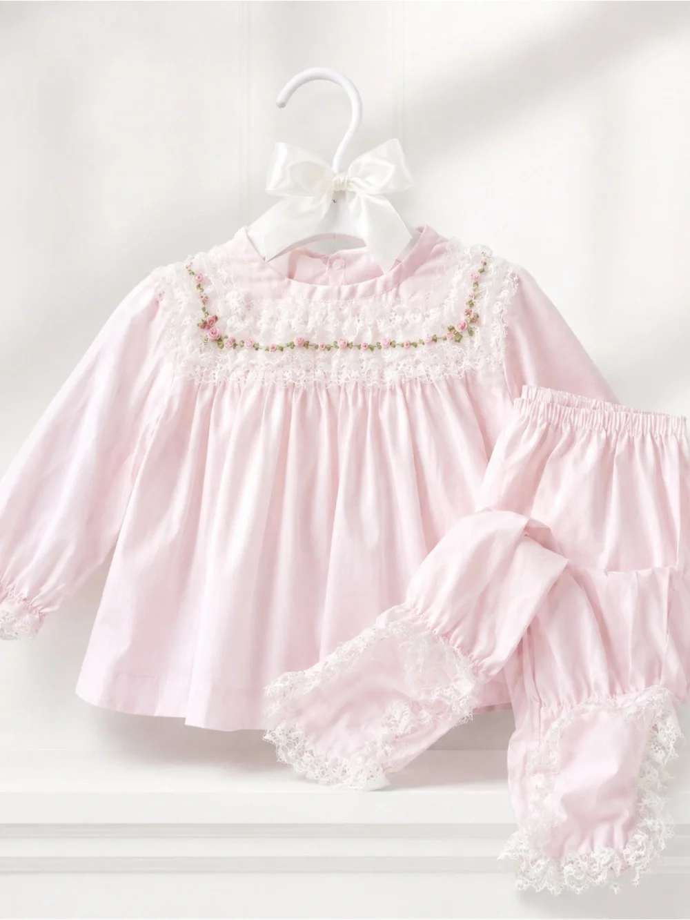 Vintage Alexis Pink Lace Trim Baby Dress Set Smocked Floral Embroidery RARE HTF
